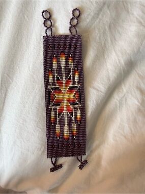 Handcrafted Deep Plum Beaded bracelet cuff with Sunburst Motif